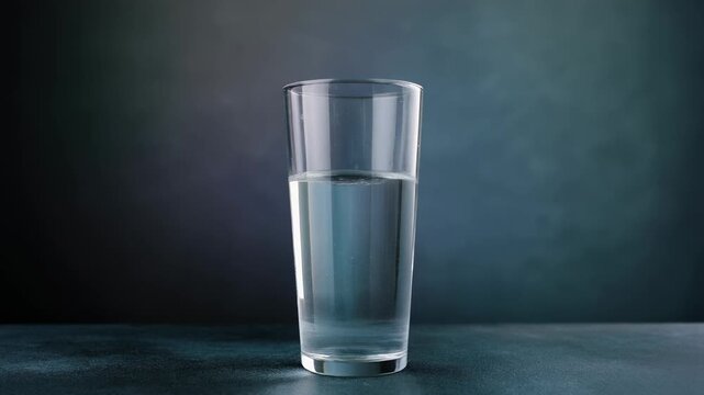 A clear glass tumbler filled halfway with fresh water, set against a dark, moody background.
