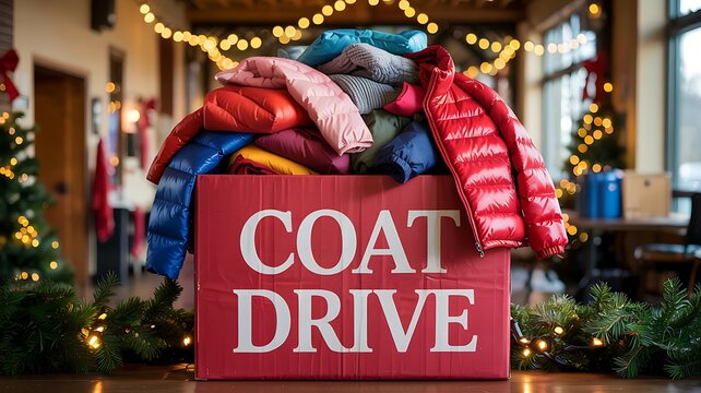 Warm winter coats and blankets overflowing from a red donation box labeled coat drive during the holiday season