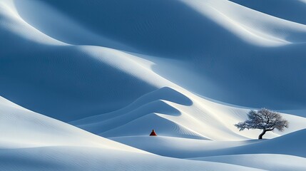 A lone person in a red cloak walks through a vast desert landscape with rolling white sand dunes. A single tree stands in the distance, bathed in dramatic light