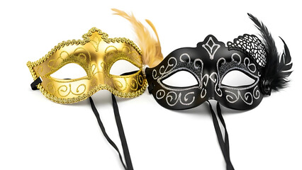 Elegant gold and black Venetian carnival masks for a masquerade ball.