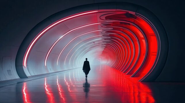A lone person walks away in a futuristic tunnel with red and white neon lights. The environment is modern and reflective, creating a sense of mystery.