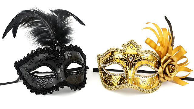 Two ornate masquerade masks one black with feathers and one gold with ribbons.