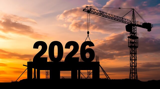 Construction crane lifting the year 2026 numbers against a dramatic sunset sky signifying the start of a new year and future projects
