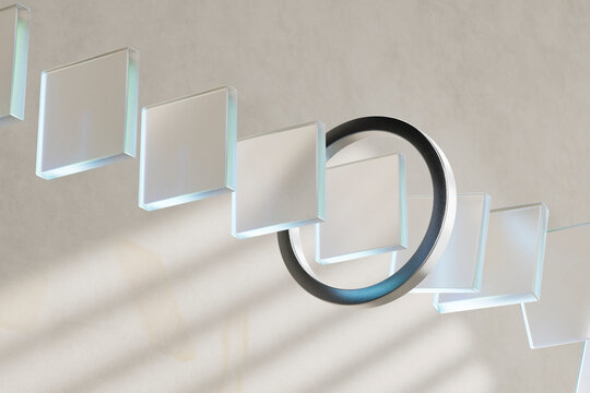 3D render of floating glass panels with metallic ring and shadow