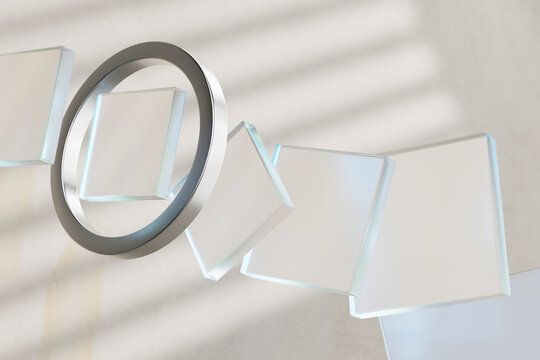 3D render of curved glass tile flow with intersecting steel ring