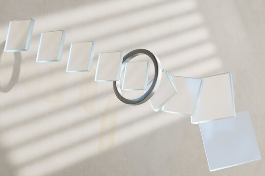 3D render of symmetrical glass tiles with centered metal ring