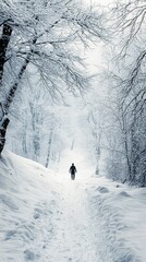 A lone person walks along a snow-covered path through a winter forest. The scene is enveloped in a cold, atmospheric mood with snow-laden trees.