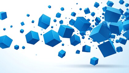 A dynamic explosion of blue three dimensional cubes floating in space.