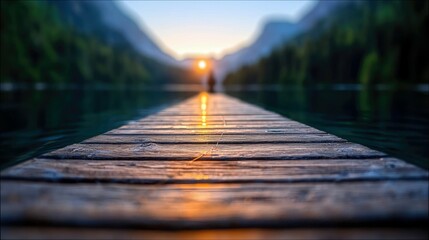 A person walks on a wooden pier towards the sunset over a lake, with mountains and trees in the background. The scene is illuminated by warm, golden light.