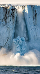 A glacier calving into the ocean with ice falling and splashing into the water below the ice cliff