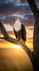 Eagle perched on a branch at sunset with a cloudy sky and golden light in the background scene view