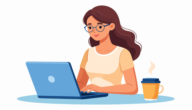 Focused young woman diligently working on her laptop, with a warm drink, symbolizing efficient remote productivity, online tasks, or digital learning activities - Powered by Adobe