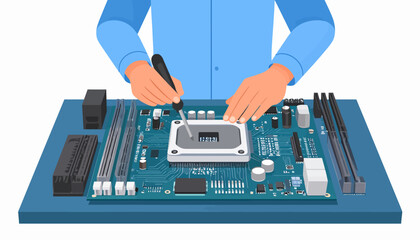 Assembling a Computer Motherboard with Tools and Components for Building a Desktop System