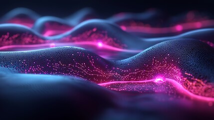 Abstract digital data flow with glowing pink neural pathways on dark blue textured surfaces, visualizing AI network connections and technology.