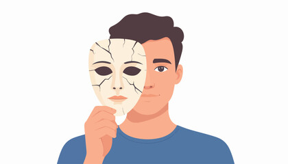 A man holding a broken mask, symbolizing hidden identity, vulnerability, and the internal struggle with one's true self versus presented persona