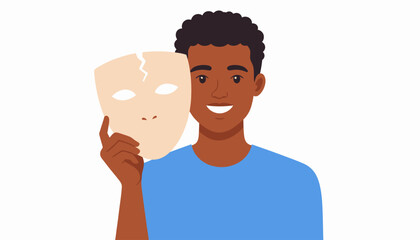 Illustration of a happy man holding a broken mask, symbolizing the journey towards authenticity, self-acceptance, and revealing one's true emotions, embracing personal identity