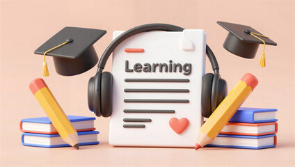 Educational learning environment with books and headphones for effective study creative concept soft colors