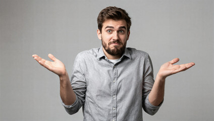 Fototapeta premium Confused man shrugging in studio conceptual portrait neutral background emotional expression