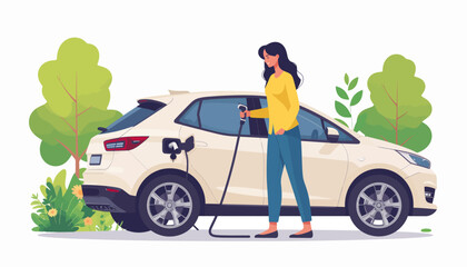 Woman Charging Electric Vehicle Sustainable Transportation and Eco-Friendly Lifestyle Concept