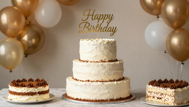 Birthday cake celebration with balloons indoor event festive atmosphere close-up view joyful concept