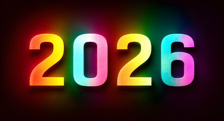 New Year 2026 on vivid rainbow gradient numerals with bold white hello text centered; modern neon look on deep navy background, perfect for fresh New Year announcements and social posts.