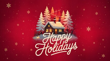 Cozy log cabin surrounded by snow covered pine trees and falling snowflakes with happy holidays text