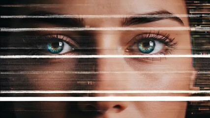 Blue Eyes Woman Face Glitch Effect Footage With Sparkles - Powered by Adobe