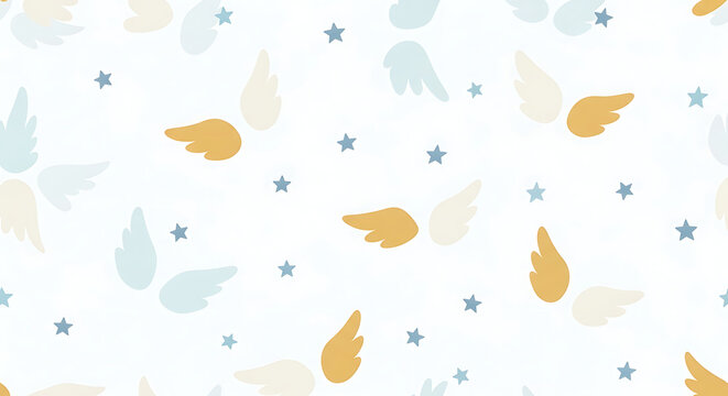 Whimsical Wings and Stars Pattern on White Background.