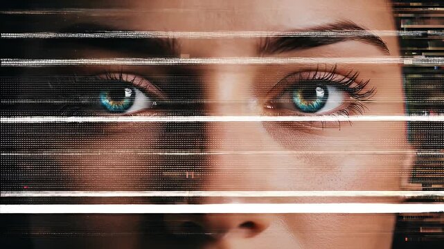 Blue Eyes Woman Face Glitch Effect Footage With Sparkles