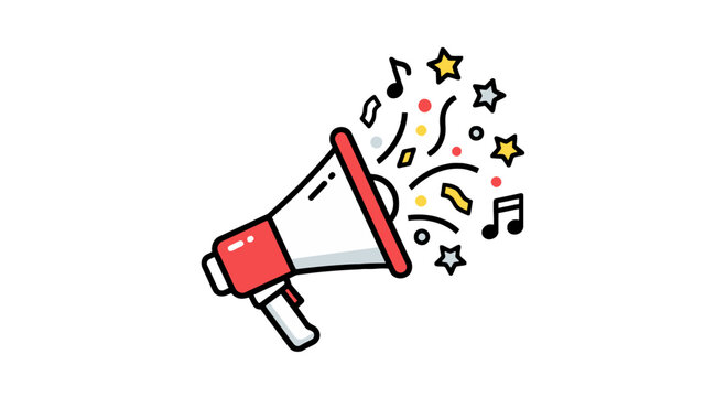 Loudspeaker broadcasting a fun party announcement with music and confetti. A vibrant flat design icon for festive events and sales promotions