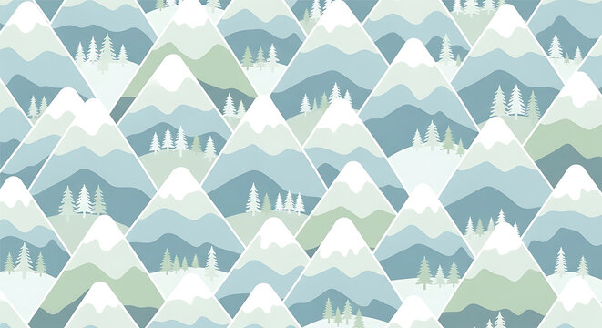 Winter Mountain Landscape Pattern with SnowCapped Peaks and Evergreen Trees.