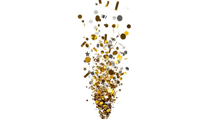 A festive explosion of gold and silver confetti bursting upwards.
