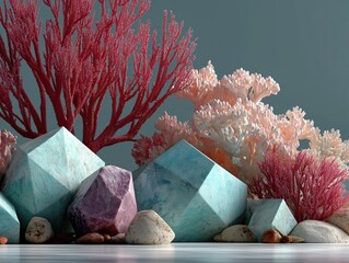 Minimalist Modern Underwater Coral 3D Scene: Light Cyan Background with Pink Coral on Geometric Display Platform, 8K Render