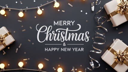 Elegant Merry Christmas and Happy New Year greeting with gifts and twinkling lights for holiday promotions and festive season designs