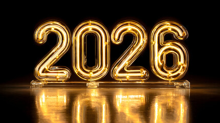 The year '2026' rendered in glowing, gold neon tubes with a reflective surface beneath. Perfect for New Year, futuristic, and celebration themes.