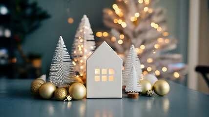 Cozy christmas scene with a white house decoration surrounded by festive trees and golden baubles illuminated by warm fairy lights