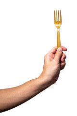 Male hand holding a gold plastic fork isolated on white background.