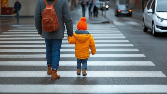 A parent crossing the street with a small child in their grasp at a pedestrian crossing