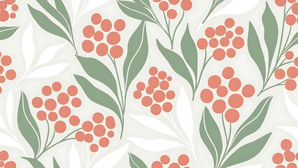 Seamless pattern of coral berries and green leaves on a light background.