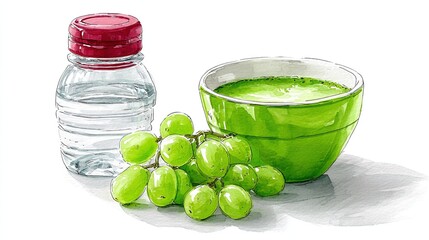 Watercolor artwork clear plastic water bottle with red cap fresh green grapes and vibrant green drink in a matching bowl White