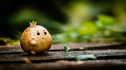 A whimsical illustration of a potato character wearing a crown, standing on a wooden surface with a green background.