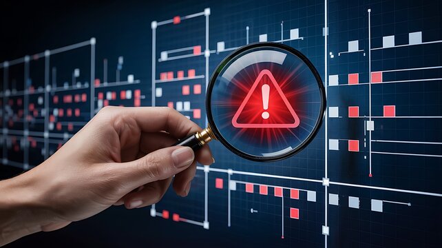 Magnifying glass revealing a glowing red warning triangle symbol on a complex digital data visualization screen
