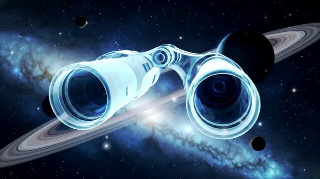 Image is a digital artwork featuring a cosmic theme with a deep blue and black color palette. The layout is a wide, horizontal composition depicting a stylized representation of outer space. Central t