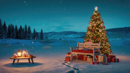 Magical Christmas Eve scene with twinkling lights, snow falling softly, and presents under a decorated tree for a cozy holiday celebration outdoors
