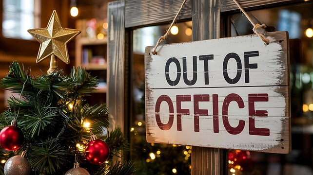 Rustic wooden out of office sign hanging on a door next to a decorated christmas tree with warm festive lights