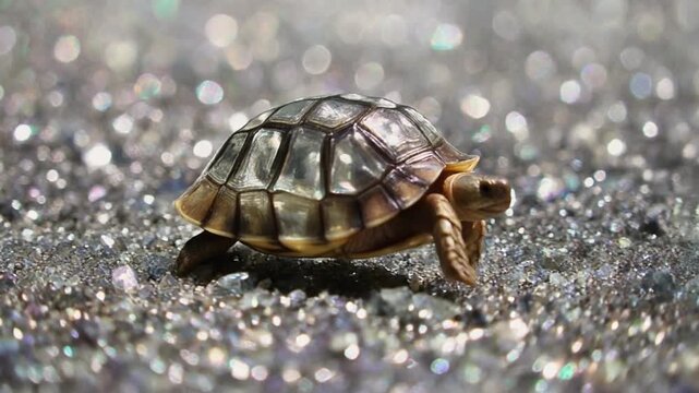Crystal tortoise moving calmly across a glittering mineral field
