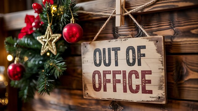 Rustic wooden out of office sign hanging next to a festive christmas tree with ornaments and lights for holiday season closure - Powered by Adobe