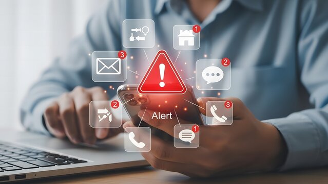 Man holding smartphone with red exclamation point alert icon digital notification concept and cyber security