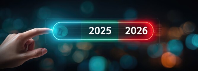 Hand touching digital interface showing year transition from 2025 to 2026 on futuristic screen