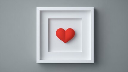 Red heart in white frame with 3D layered design on gray background. Minimalist love concept for Valentine's Day or romantic decoration.	